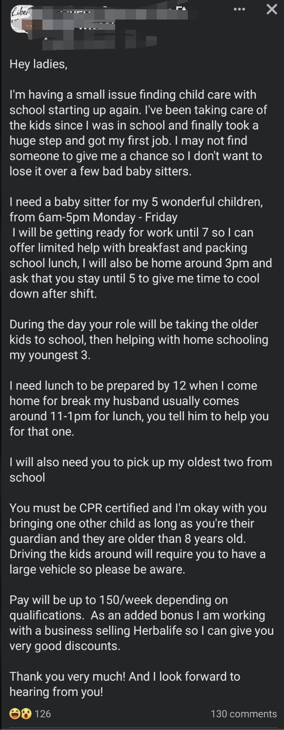 screenshot - Hey ladies, I'm having a small issue finding child care with school starting up again. I've been taking care of the kids since I was in school and finally took a huge step and got my first job. I may not find someone to give me a chance so I 